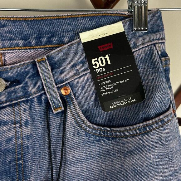 LEVI'S Premium 501 90s Straight Loose Jeans Artificial Finish Medium Wash Size 2 - Picture 8 of 10